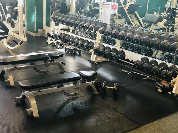 Dumbbell benches in the free-weight area at HFH gym in Waupaca, WI